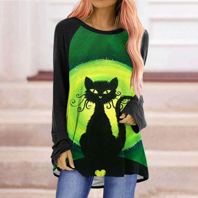 Women's Loose T-Shirts Cat Pumpkin Halloween Print Crew Neck Long Sleeve T-Shirt