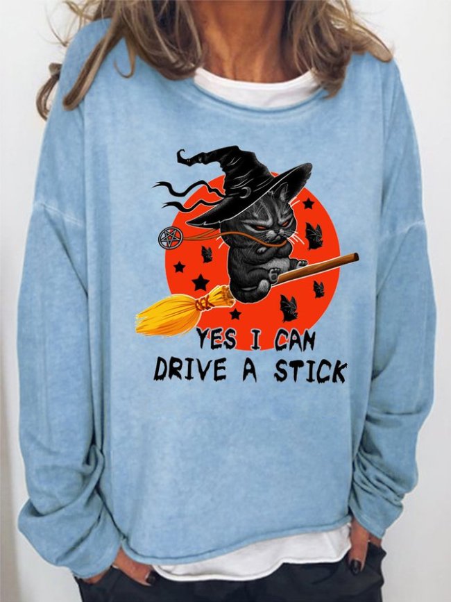 Yes I Can Drive A Stick Witch Cat Women's Long Sleeve Shift Sweatshirts