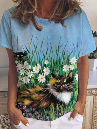 Daisy and Cat Print Crew Neck Short Sleeve T-Shirt