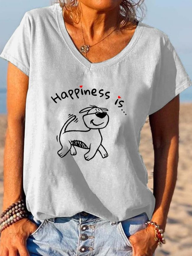 Happiness Is... Dog Print V-Neck T-Shirt