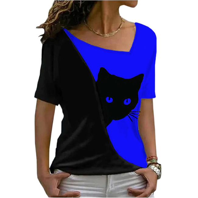 Women's T-Shirts Oversized Cat Print Asymmetric Neck Short Sleeve T-Shirt