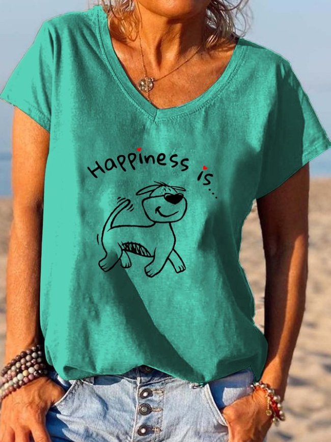 Happiness Is... Dog Print V-Neck T-Shirt
