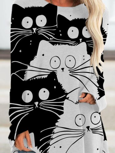 Funny Black And White Cat Women's Casual Knitting Dress