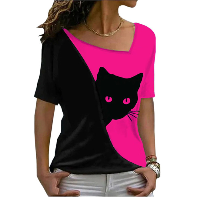 Women's T-Shirts Oversized Cat Print Asymmetric Neck Short Sleeve T-Shirt