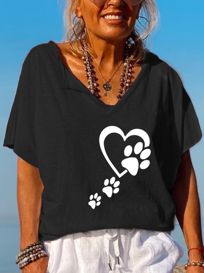 Casual Simple Paw Heart Graphic Print V-Neck T-Shirt