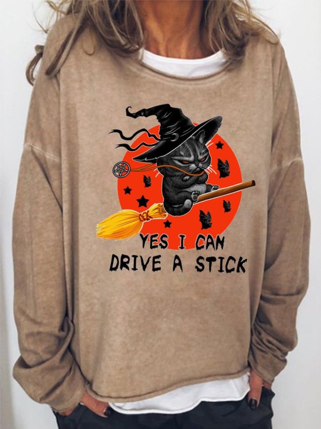 Yes I Can Drive A Stick Witch Cat Women's Long Sleeve Shift Sweatshirts