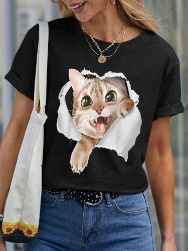 Funny Cat Crew Neck Casual Animal Short Sleeve Tops