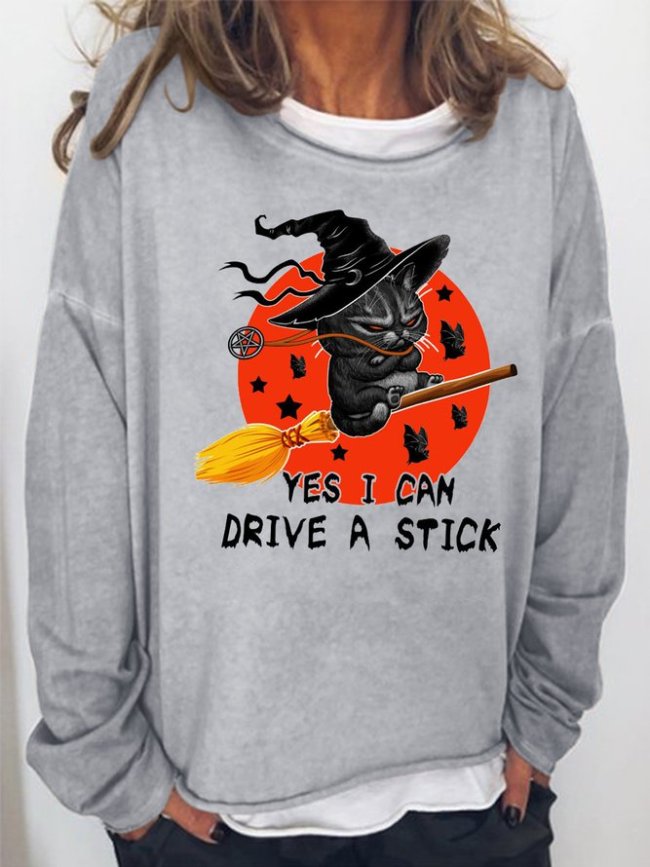 Yes I Can Drive A Stick Witch Cat Women's Long Sleeve Shift Sweatshirts