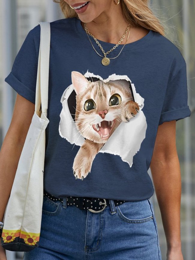 Funny Cat Crew Neck Casual Animal Short Sleeve Tops