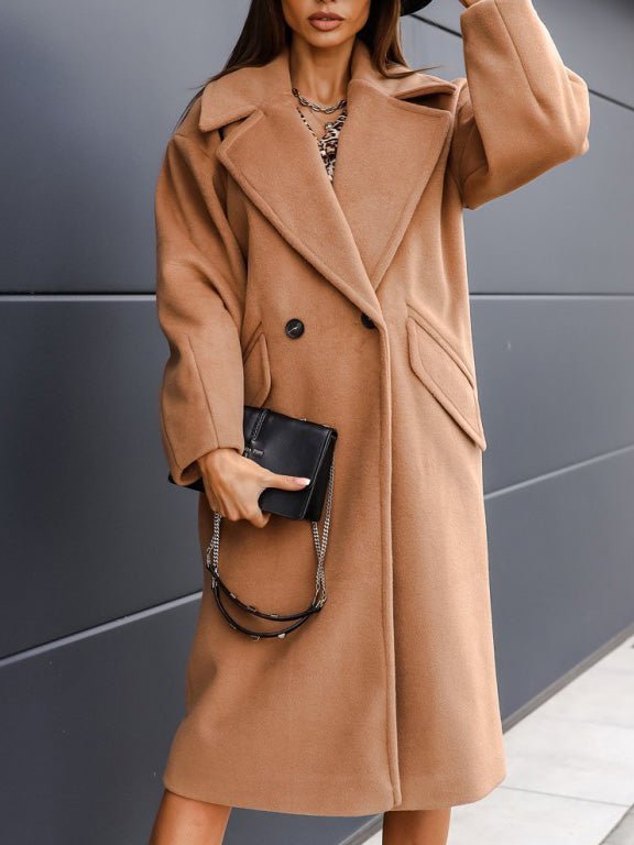 Women's Coats Solid Lapel Button Long Wool Coat