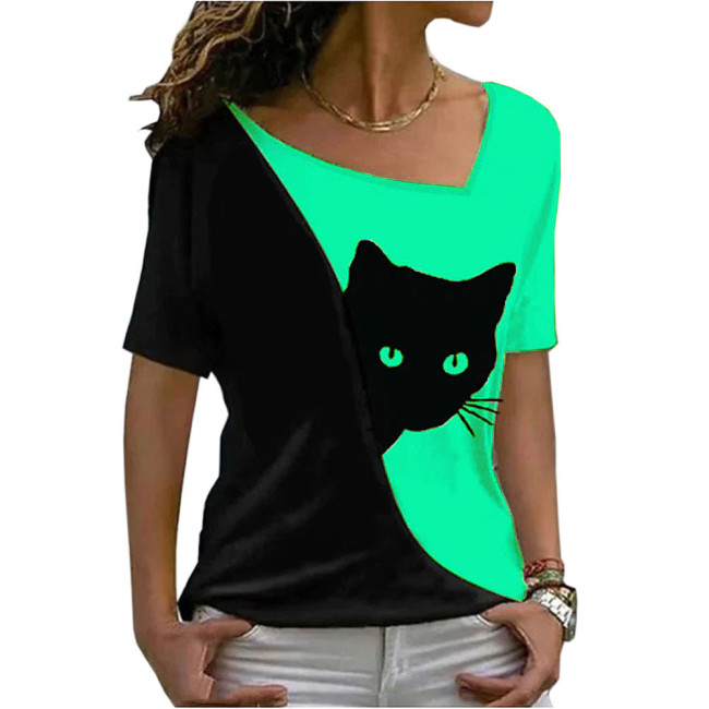 Women's T-Shirts Oversized Cat Print Asymmetric Neck Short Sleeve T-Shirt