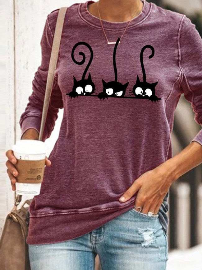Womens Cute Black Cat Print Casual Sweatshirt