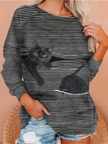 Black Cat Print Women Crew Neck Sweatshirts Top