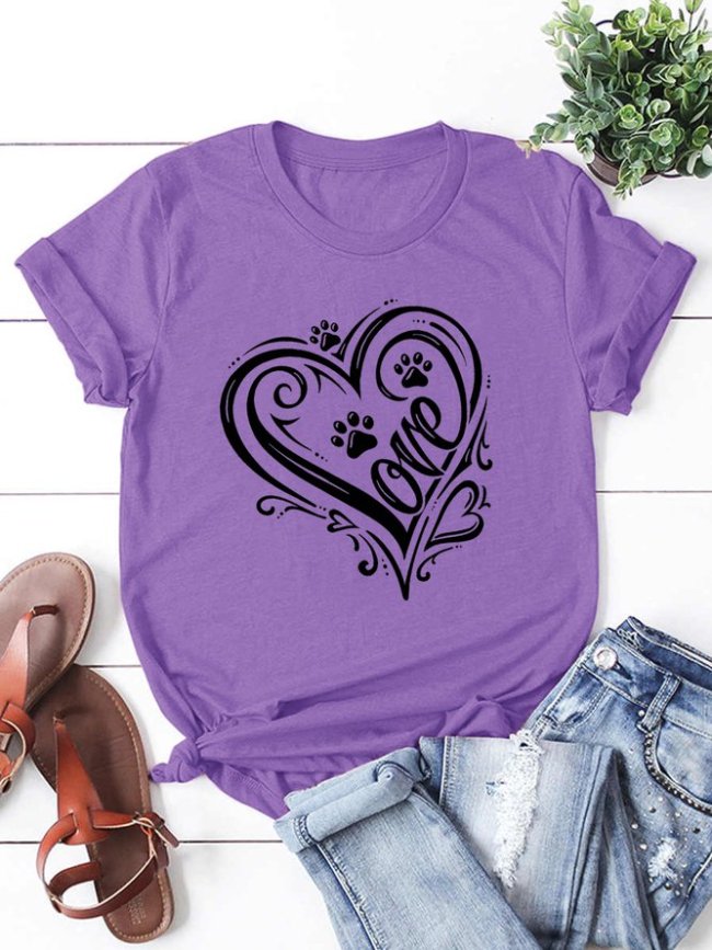 Women's Love Heart Paws Funny Casual Short Sleeve T-Shirt