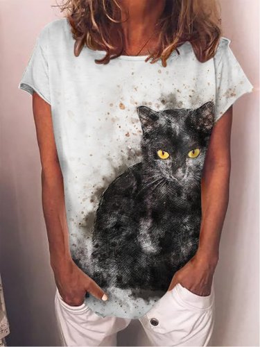 Cat Graphic Short Sleeve Round Neck Loose Tee