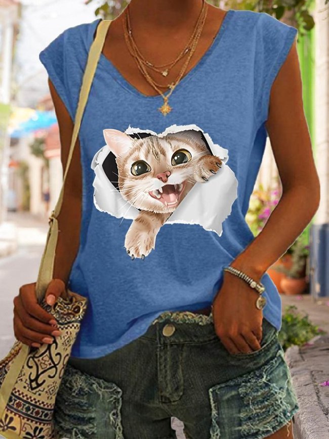 Funny Cat Animal V Neck Knit Tank