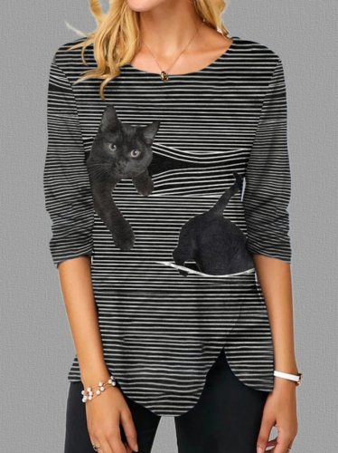 Black Cat Print Women Striped Crew Neck Tshirt