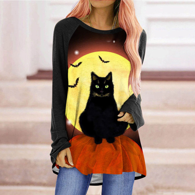 Women's T-Shirts Cat Pumpkin Print Crew Neck Long Sleeve T-Shirt