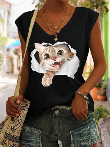 Funny Cat Animal V Neck Knit Tank