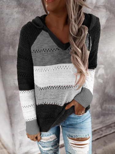 Women's Sweaters Mixed Color Hollow V-Neck Long Sleeve Sweater