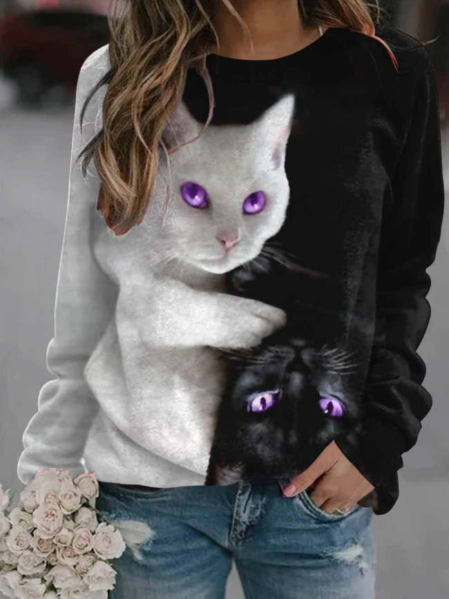 Women Cute Cats Print Long Sleeve Sweatshirt Top