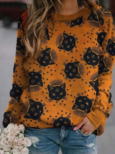 Women's T-Shirts Pumpkin Cat Print Crew Neck Long Sleeve T-Shirt