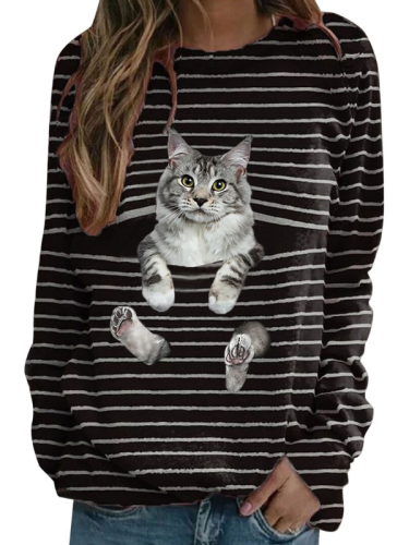Women's T-Shirts Black Stripe Cute Cat Print T shirt Crew Neck Long Sleeve Top
