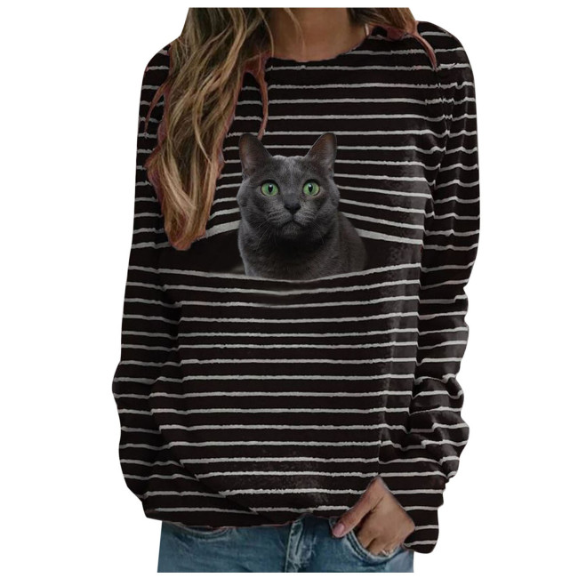 Women's T-Shirts Black Stripe Cute Cat Print T shirt Crew Neck Long Sleeve Top