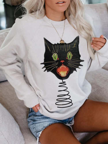 Women's Halloween Inspired Sweatshirt Cut Cat Print Crew Neck Long Sleeve Sweatshirt