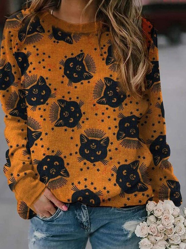 Women's T-Shirts Pumpkin Cat Print Crew Neck Long Sleeve T-Shirt