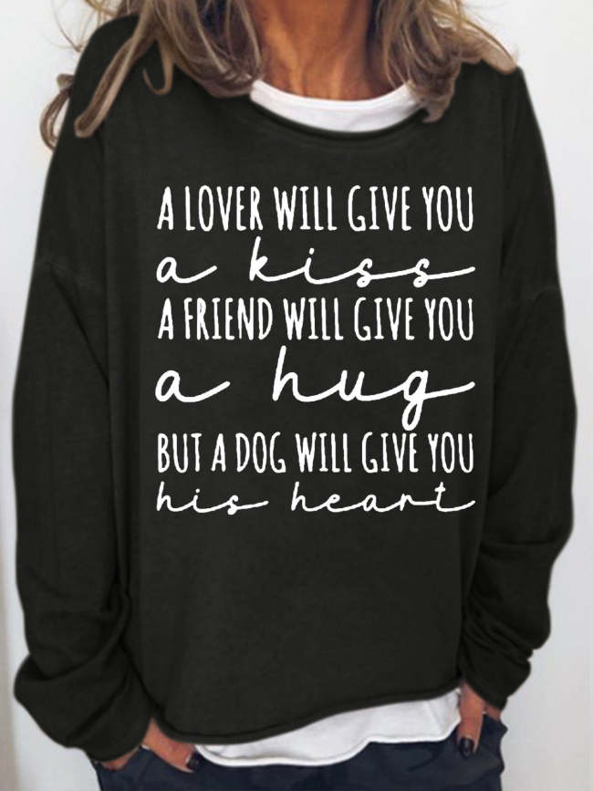 Womens A Lover A Friend A Dog Letter Print Crew Neck Sweatshirts