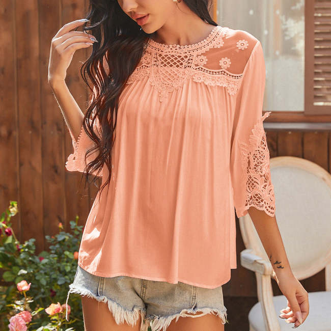 Women Lace Hollow Out Mid-sleeve Shirt Blouse Top
