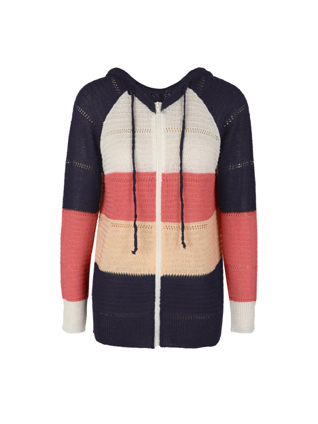 Women's Cardigan Mixed Color Hollow Zipper Colorblock Long Sleeve Sweater Cardigan