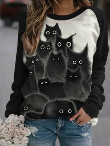 Women Black Cats Print Crew Neck Long Sleeve Sweatshirt