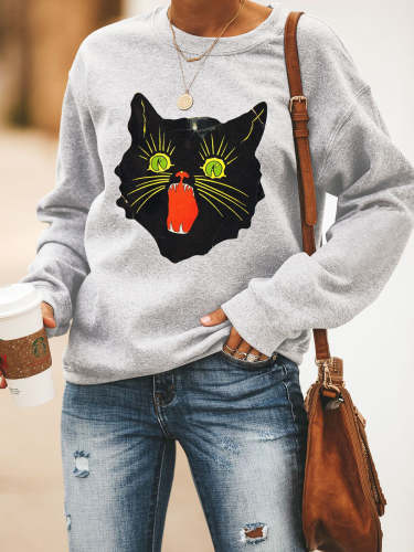 Women's Halloween Inspired Sweatshirt Cat Print Crew Neck Long Sleeve Sweatshirt