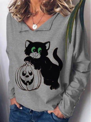 Women's Sweatshirt Halloween Inspired Cat Print Long Sleeve Sweatshirt