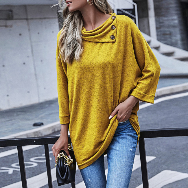 Mustard Yellow Turndown Collar Long Sleeve Loose T-Shirt Top for Women