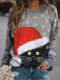 Women Christmas Inspired Cute Cat with Hat Print Crew Neck Long Sleeve Sweatshirt