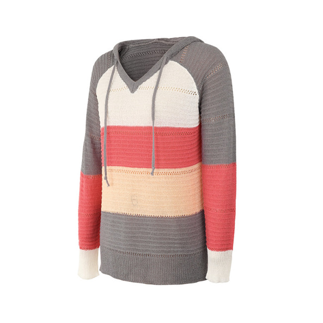 Women's Sweaters Mixed Color Hollow V-Neck Long Sleeve Sweater