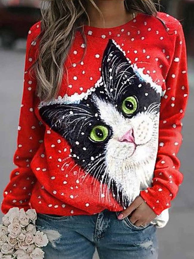 Women Christmas Inspired Cute Cat Print Crew Neck Long Sleeve Sweatshirt