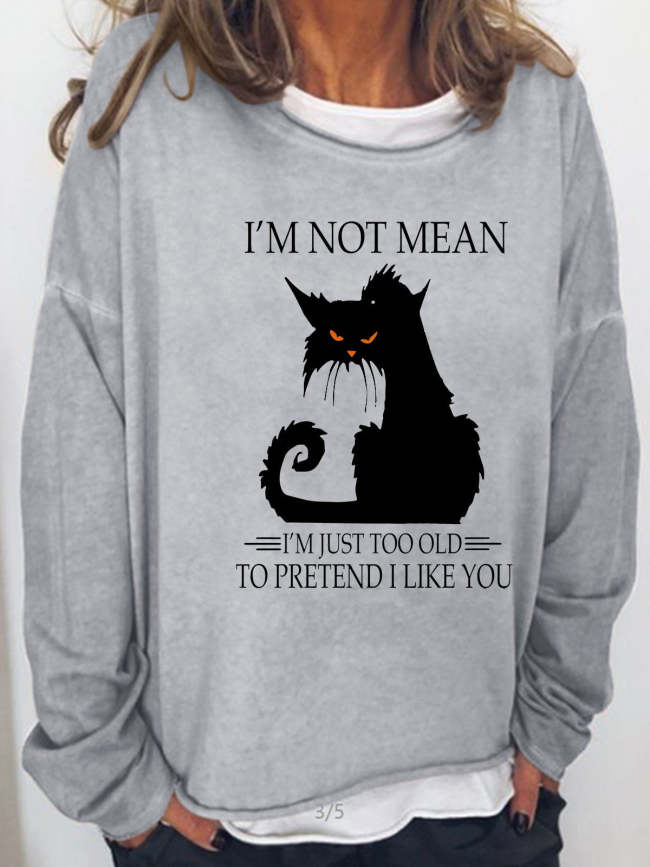Womens Im Not Mean Letters Cute Cat Graphic Long Sleeve Crew Neck Sweatshirts