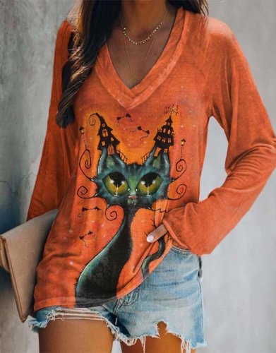 Women Casual Top V-Neck Halloween Inspired Loose Long Sleeve T-Shirt