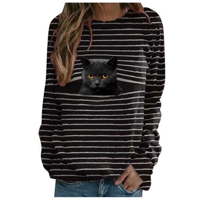 Women's T-Shirts Black Stripe Cute Cat Print T shirt Crew Neck Long Sleeve Top