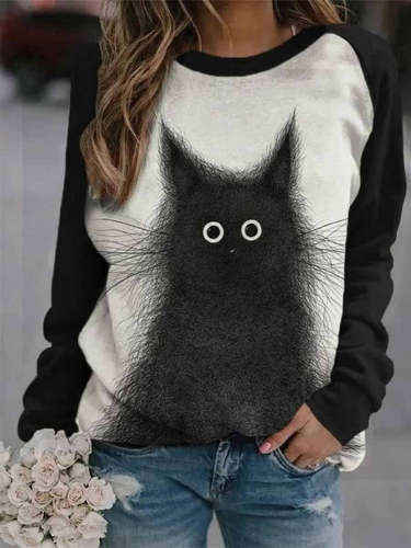 Women Black Cat Graphic Print Long Sleeve Crew Neck Sweatshirt
