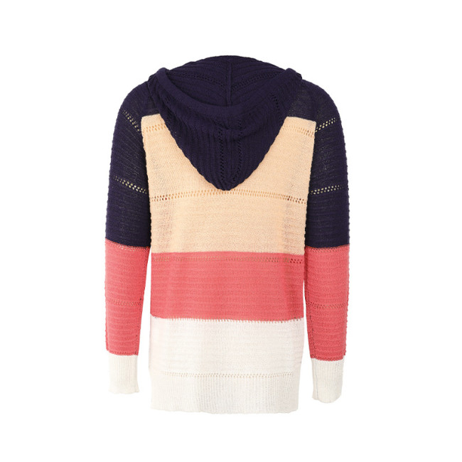 Women's Sweaters Mixed Color Hollow V-Neck Long Sleeve Sweater