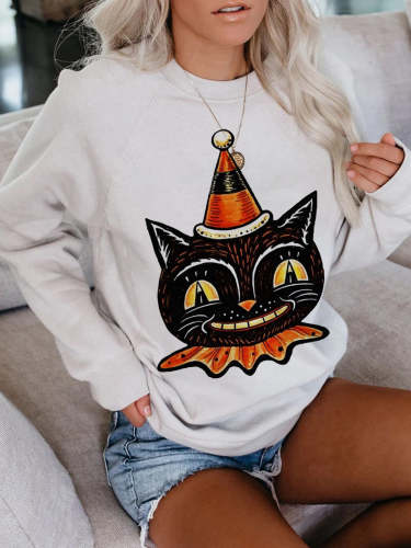 Women's Sweatshirt Halloween Cute Cat Printed Crew Neck Sweatshirt
