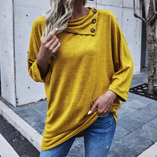 Mustard Yellow Turndown Collar Long Sleeve Loose T-Shirt Top for Women