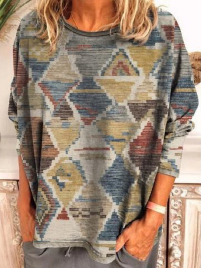 Women's Vintage Top West Tribal Style Aztec Pattern Long Sleeve Crew Neck Loose T-Shirt Top