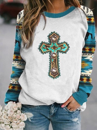 Women's Top Cross Aztec Pattern West Style Loose Long Sleeve Crew Neck T-Shirt