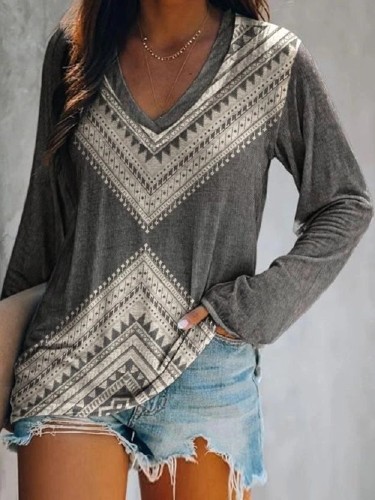 Women's Top Aztec Pattern West Style Loose Long Sleeve V-Neck T-Shirt